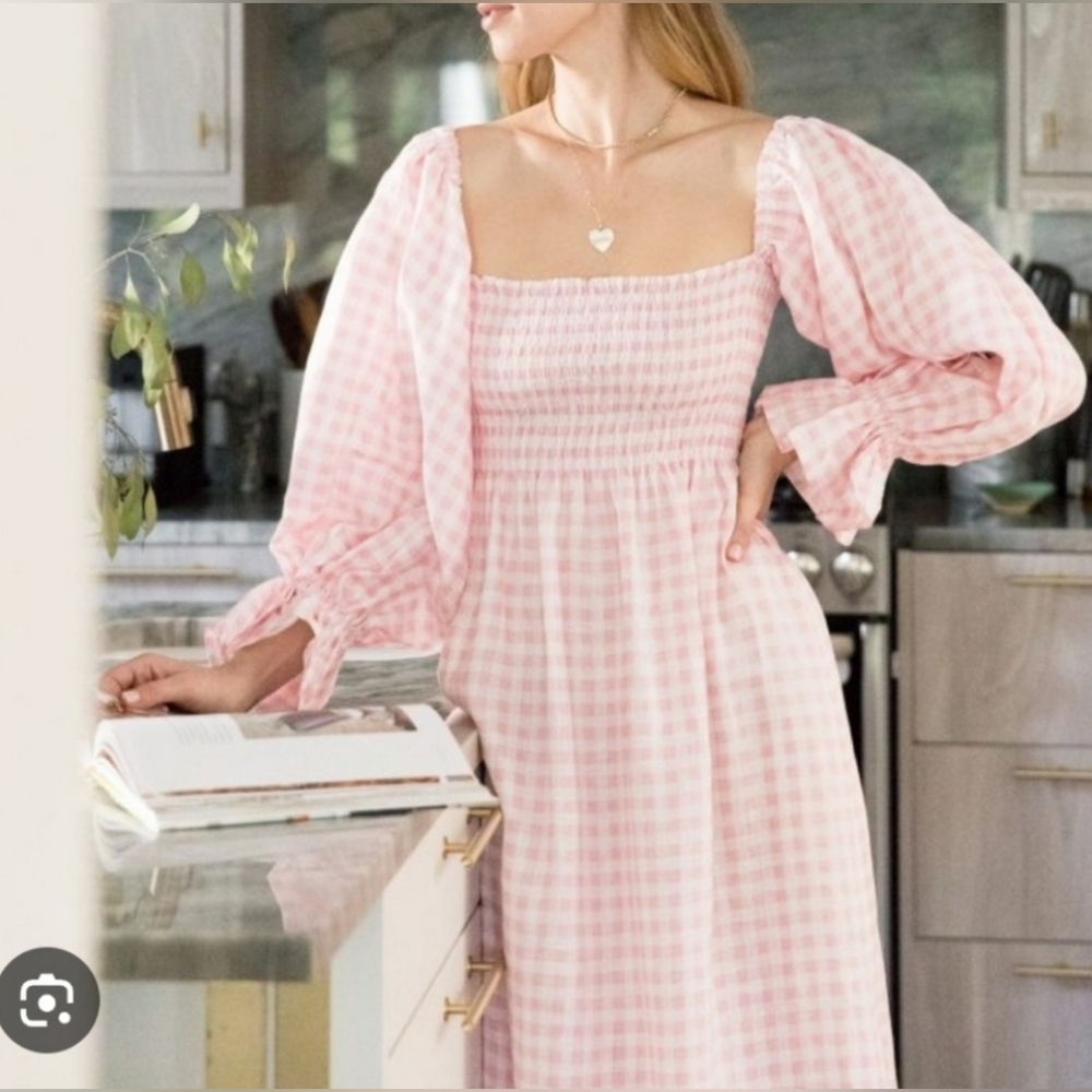 Sleeper Linenblend Atlanta Pink Gingham midi dress smocked midi dress, xsmall - Picture 6 of 12